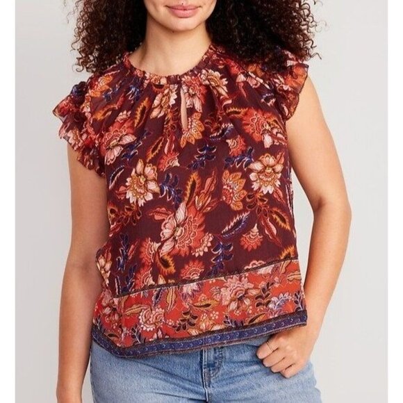 NEW Old Navy Womens Plus 3X Ruffle Trim Smocked Floral Top Sleeveless Blouse - Picture 1 of 12